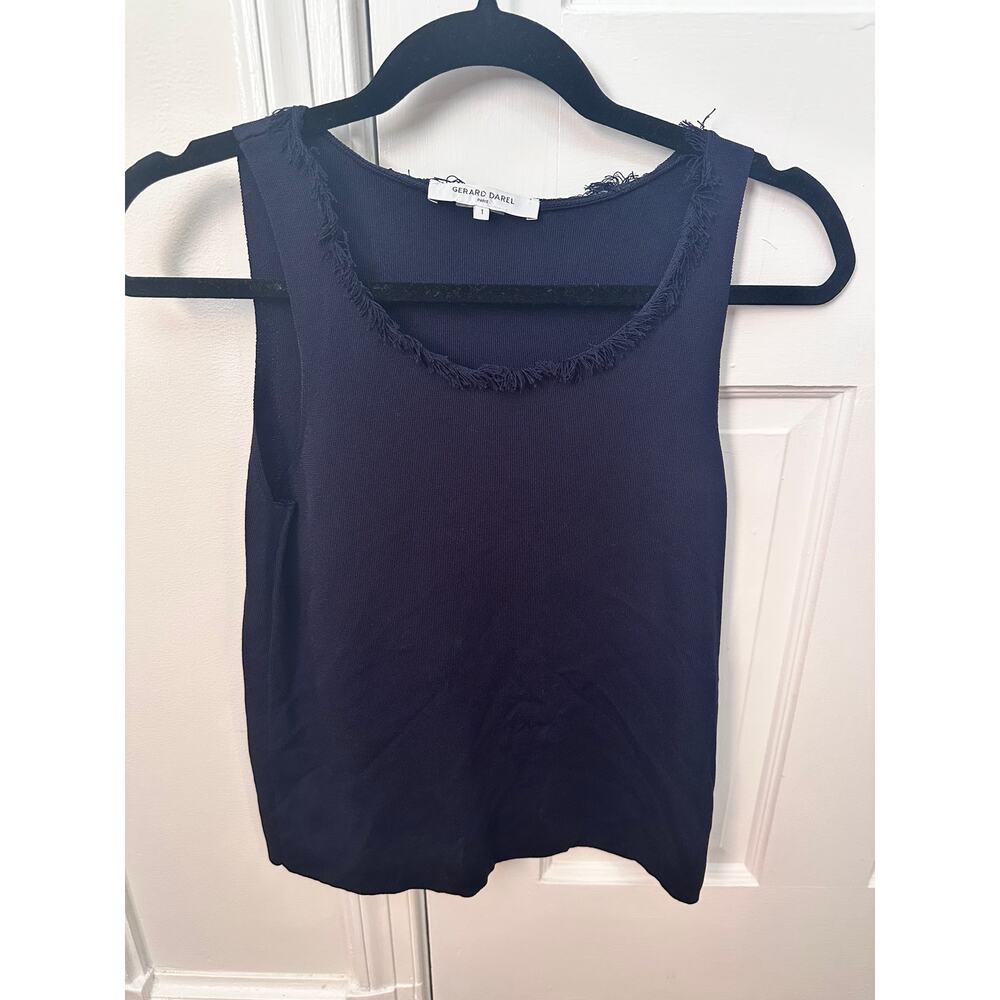 Gerard Darel Paris Sweater Navy Fringe Trim Twinset Tank and Cardigan, Size 1